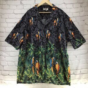 Pacific Legend Hawaiian Shirt Black Gray Parrots‎ Jungle Foliage Button Down